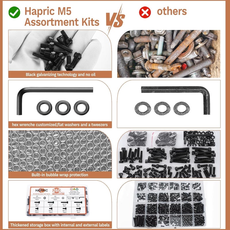 Hapric 260 Pcs M5 Screws Assortment Kit, M5x 8/10/12/16/20/25/30/35mm M5 Bolts Kit 12.9 Alloy Steel Nuts and Bolts Assortment Kit Black Zinc Plated Hex Socket Head Screws Nuts Bolts and Washers Set - Image 5